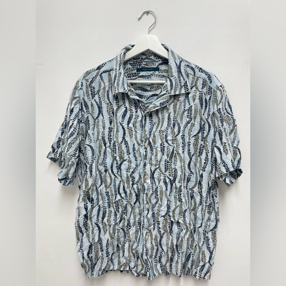Perry Ellis Blue and Gray Leaf Pattern Shirt Size L Men